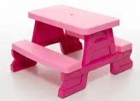 Masuta de picnic pentru 4 copii Dohany Picnic Roz, utilizare interiorexterior, plastic rezistent UV, margini rotunjite, sarcina maxima 50kg