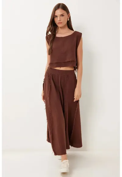 Set Coordonat Femei - Happiness Istanbul - Bluza fara Maneci si Fusta cu Picior Larg - Maro Mocha - 100% bumbac