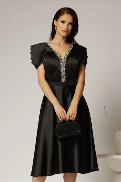 Rochie midi neagra din tafta cu aplicatii la decolteu si pliuri la maneci