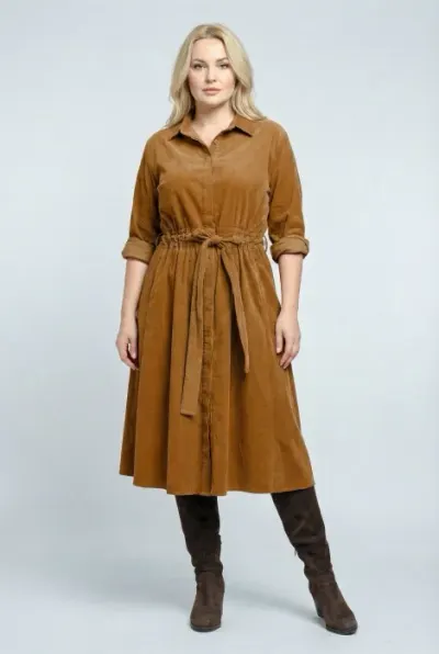 Rochie camasa din catifea reiata cu cordon in talie, camel