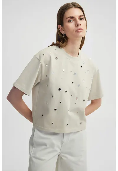 Tricou din bumbac cu aplicatii metalice - Maro taupe deschis/Argintiu