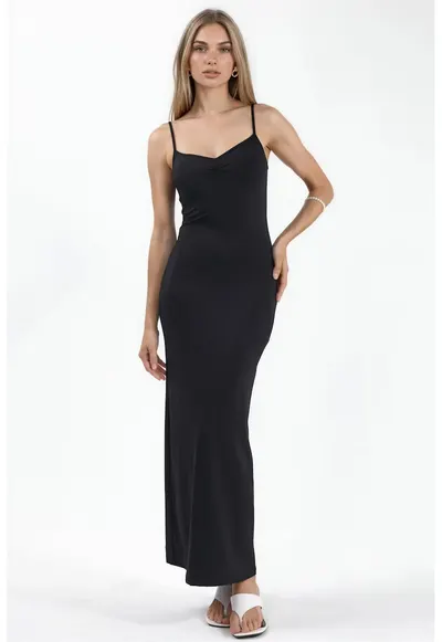 Rochie midi - eleganta - neagra - poliamida-elastan