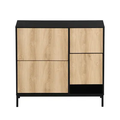 Dulap pentru pantofi cu taburet pentru schimbarea pantofilor, 3 compartimente cu suprafețe de depozitare, 100x25x100 cm, Negru+Culoare naturală
