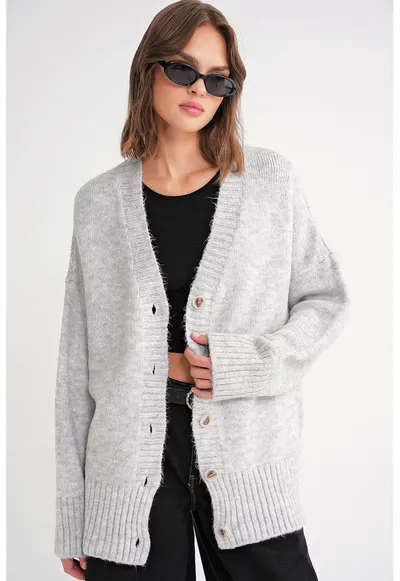 Cardigan tricotat - nervuri - decolteu in V - gri - tricot