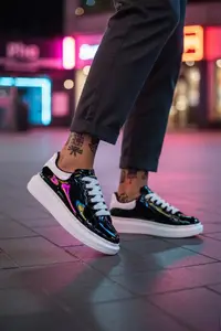 Adidasi barbati casual negri luciosi cu talpa alba VIP ZR AAA