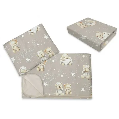 Lenjerie patut cu 3 piese, MimiNu, Cu cearceaf 120x60 cm, Din bumbac certificat Oeko Tex Standard 100, Cu paturica si pernuta, Bedtime story beige