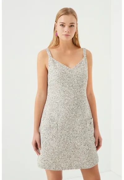 Rochie mini fara maneci - cu croiala in A si buzunare aplicate - Gri deschis melange