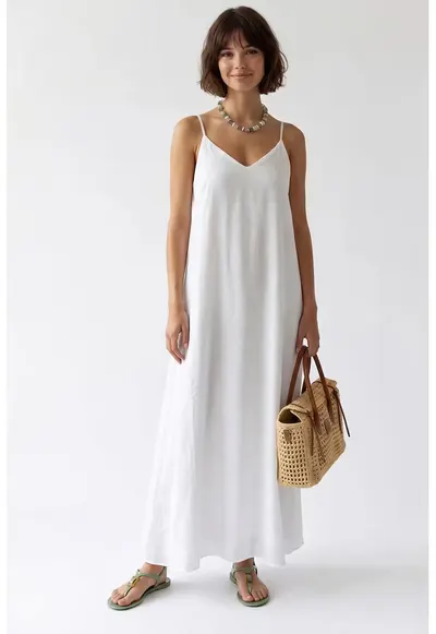 Rochie Maxi Femei - Alb - Casual - Decolteu in V - Fara inchidere