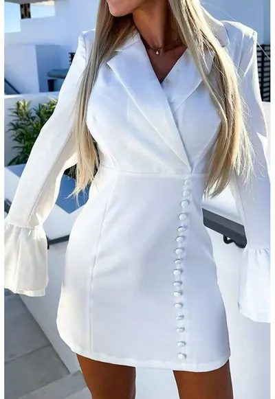Mini - Femei - Rochie Mini Cambrata MSN Cu Decolteu in V Si Nasturi - Alb