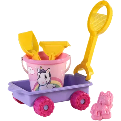 Carucior Unicorn cu unelte pentru apa si nisip si galetusa incluse