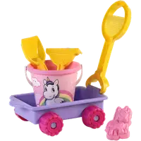 Carucior Unicorn cu unelte pentru apa si nisip si galetusa incluse