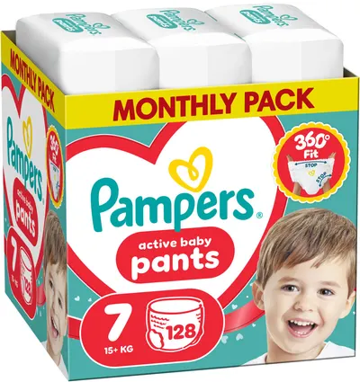 Scutece - chiloțel Pampers Active Baby - Mărimea 7, 15+ kg, 128 buc