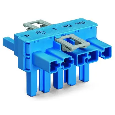 T-distribution connector; 5-pole; Cod. I; 1 input; 2 outputs; 3 locking levers; for flying leads; blue