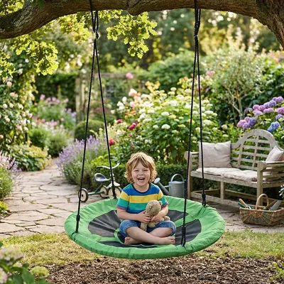 Leagăn tip cuib pentru copii, Koopman Ø100 cm, verde-negru, reglabil, suportă până la 100 kg, pentru exterior și grădină