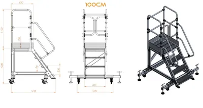 Scara industriala din aluminiu cu 3-8 trepte, platforma si roti ajustabile, h=100-225(cm), inaltime lucru 3-4,25(m) - CNO-SME-ALPL1