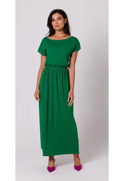 Rochie maxi evazata cu decolteu si talie elastica - verde luxuriant - Verde