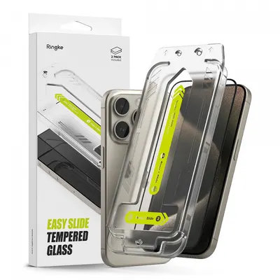 Folie de protectie Ecran Ringke Easy Slide pentru Apple iPhone 15 Pro Max, Sticla Securizata, Full Glue, Set 2 bucati, Neagra