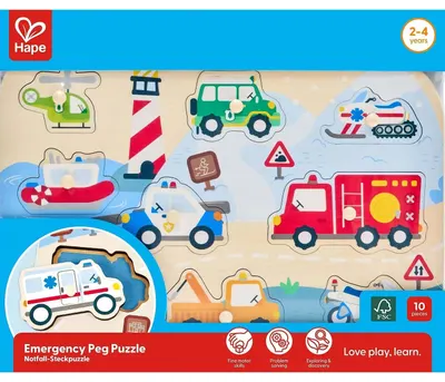 Puzzle educativ din lemn Hape - Vehicule de urgență Peg Puzzle, 9 piese