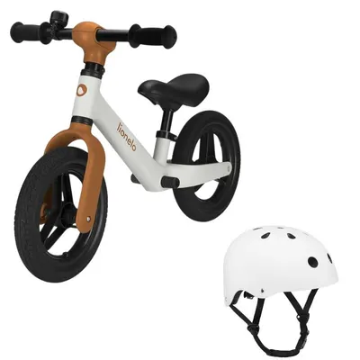 Bicicleta fara pedale, Lionelo, Toni, Cu ghidon si sa reglabile, Ultra usoara, 2.8 Kg, 18 luni+, Sustine 30 kg, Bej + Casca pentru copii, Reglabila 50-56 cm, Alb