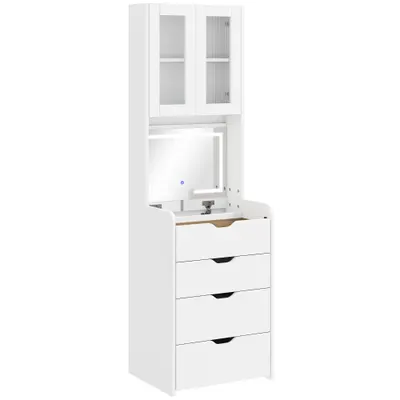 HOMCOM Stație de Machiaj cu Lumini LED în 3 Culori, Oglindă Rabatabilă, Scaun Ascuns, Măsuță de Machiaj cu Scaun Îmbunătățit, 3 Sertare, Compartiment, Dulap cu Uși din Sticlă, Modern, Alb | Aosom Romania