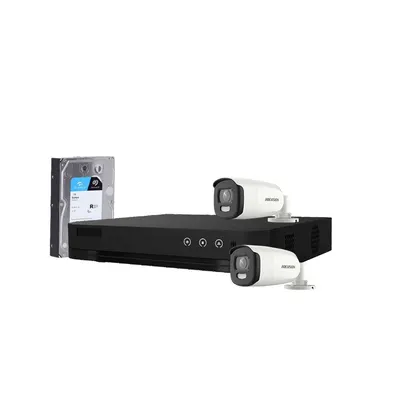 Sistem supraveghere exterior cu HDD 1TB HikVision, 2 camere, 5 MP, lumina alba 20 m, 2.8 mm, stroboscop