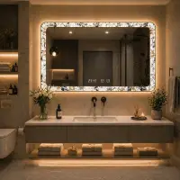 Oglinda LED 90x70 cu Model Decorativ pe Margini Iluminare Ambientala Touch Dezaburire si Ceas Digital