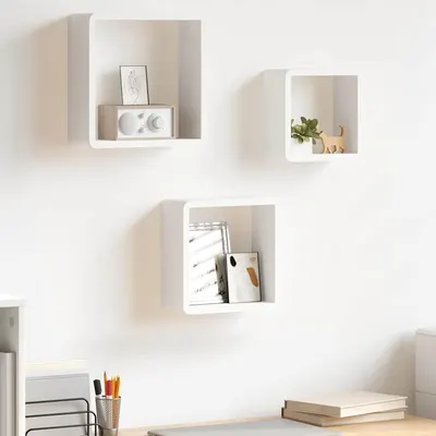vidaXL Rafturi de perete cub, 3 buc., alb, MDF