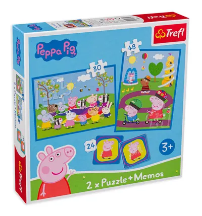 Set de puzzle si joc de memorie Trefl 2 in 1 - Momenti fericiti cu Peppa