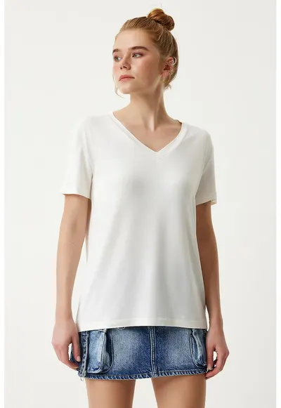 Tricou dama - Happiness Istanbul - simplu - maneca scurta - alb - viscoza-elastan