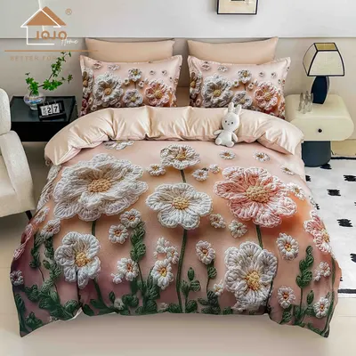 Lenjerie de Pat Bumbac Finet 5D 6 Piese cu Elastic 180x200 , Blush Blossom
