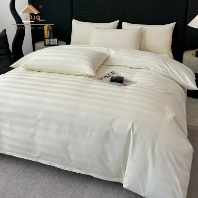 Lenjerie de Pat HoReCa DeLuxe, Damasc Premium din Bumbac Egiptean 100% , 6 Piese, Dunga Lata Tesuta, Cearceaf cu Elastic, Ivoire