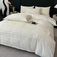 Lenjerie de Pat HoReCa DeLuxe, Damasc Premium din Bumbac Egiptean 100% , 6 Piese, Dunga Lata Tesuta, Cearceaf cu Elastic, Ivoire