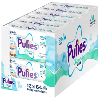 Șervețele umede Pufies Clean Care - 99% Water, 12 x 64 buc