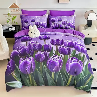 Lenjerie pat dublu, FINET, Imprimeu Digital 5D - Identic cu poza, Cu ELASTIC, 6 piese, Jojo Home, Mov, Lalele