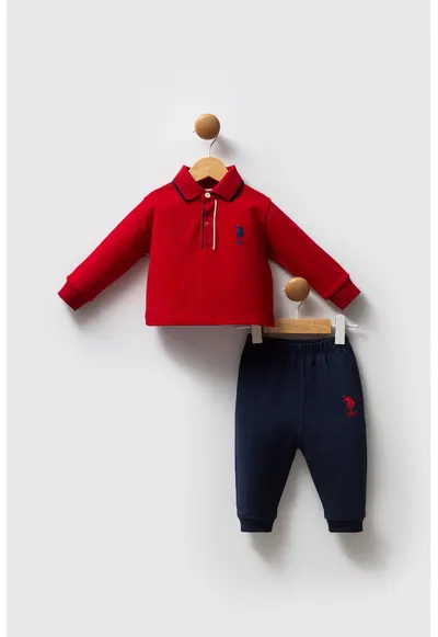 Set de bluza polo din bumbac si pantaloni de trening relaxed-fit - 2 piese - Rosu/Albastru ultramarin