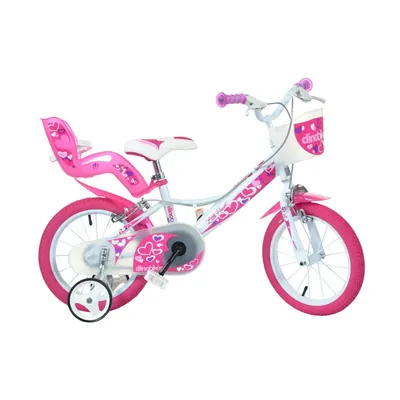 Bicicleta copii, Dino Bikes, Little Heart, Roti ajutatoare, Cosulet frontal, Scaunel pentru papusi, 16 inch, Cadru din otel, Pana la 125 cm, Pink