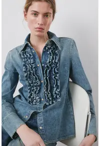 Camasa din denim cu garnituri cu volane - Albastru stins