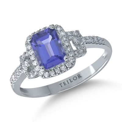 Inel din aur alb cu tanzanit emerald de 1.1ct si diamante de 0.2ct
