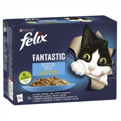 Set 12 buc x 85 gr Hrana umeda pentru pisici Felix Fantastic cu ton, somon, cod peste cambula