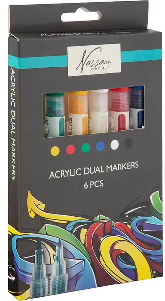 Set de markere acrilice Nassau Fine Art - Dublu vârf, 6 buc