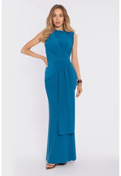 Rochie maxi eleganta cu talie accentuata si drapaj - violet deschis - Albastru oceanic