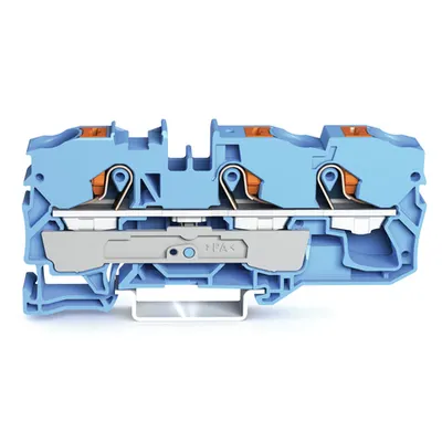 3-conductor through terminal block; with push-button; 10 mm²; with test port; suitable for Ex i applications; side and center marking; for DIN-rail 35 x 15 and 35 x 7.5; Push-in CAGE CLAMP®; 10,00 mm²; blue