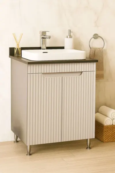 Set Baza front MDF si Lavoar seria 633, montat, 60 cm, crem