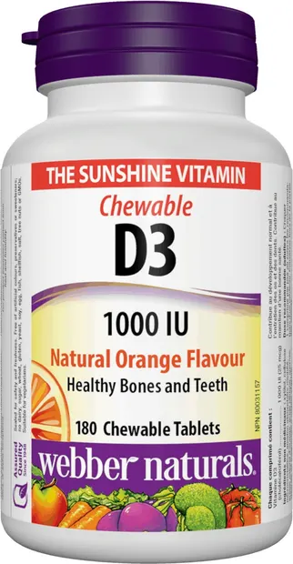 Vitamin D3, 1000 IU, portocale, 180 tablete, Webber Naturals