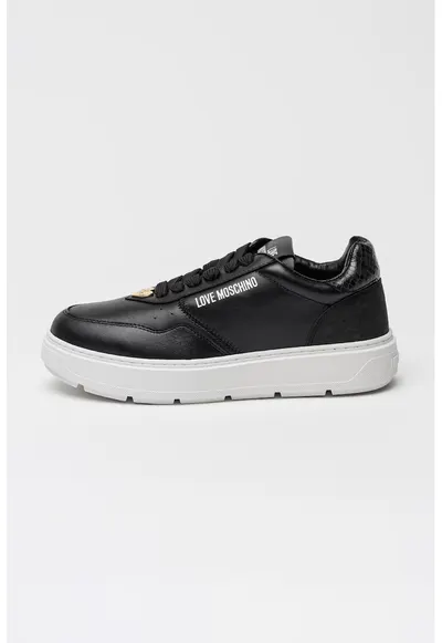 Pantofi sport de piele cu platforma si logo - Negru