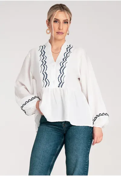Bluza cu volan in partea de jos - Bluza cu maneci largi - Bluza alba M1192 marimea S/M