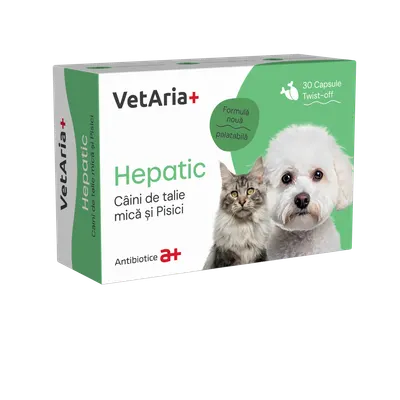 Supliment hepatic pentru caini de talie mica si pisici VetAria+, 30 capsule, twist-off