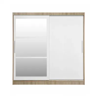 Dulap CORFU 02, cu usi glisante si oglinda, corp sonoma + usi alb, 200x60x200 cm