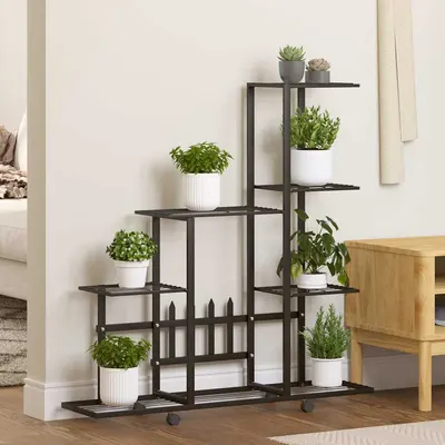 vidaXL Suport pentru flori cu roți, 94,5x25x92,5 cm, negru, metal