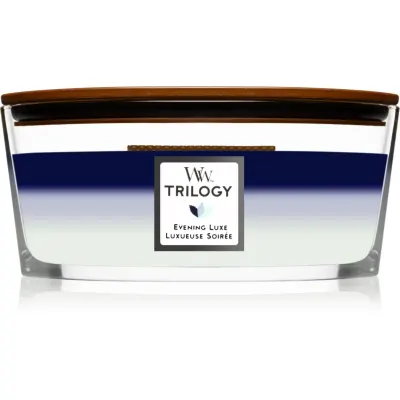 Woodwick Trilogy Evening Luxe lumânare parfumată cu fitil din lemn (hearthwick) 453.6 g